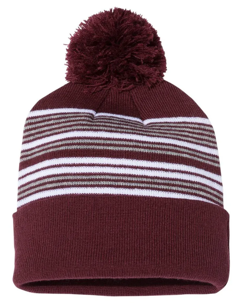 SP60 - 12" Striped Pom-Pom Cuffed Beanie<Sportsman Best